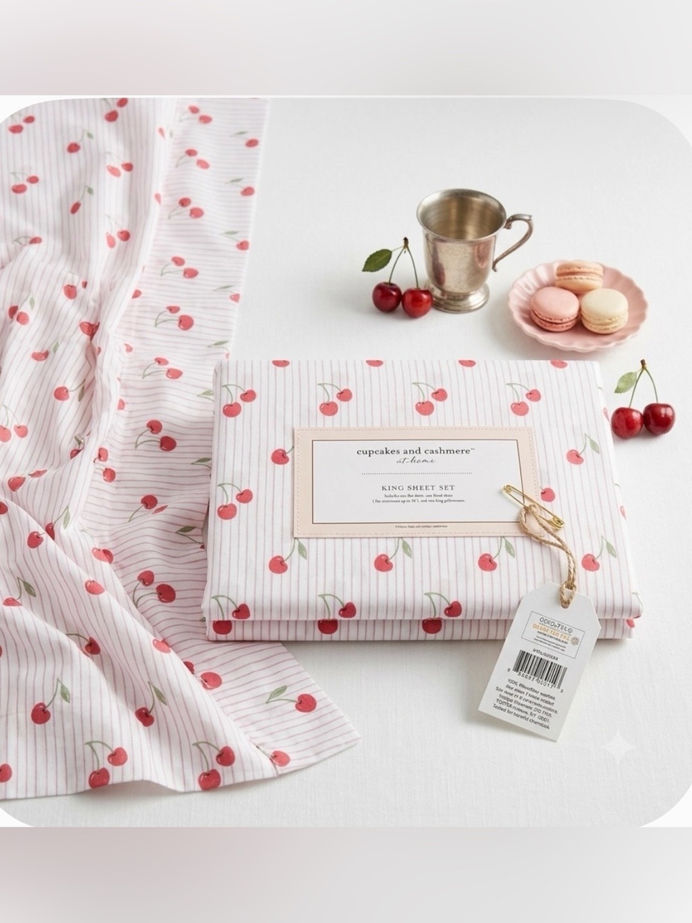 Cupcakes and Cashmere King Sheet Set Cherry Print Microfiber Pink White NWT